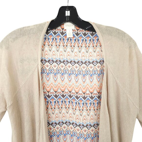 Chicos Open Front Cardigan Womens Size 1 US M/8 Sweater Tan Geometric Back - Picture 9 of 16